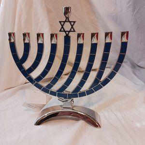 Festive Lights Hanukkah/Chanukah Menorah Silver Metal Blue Enamel 9x9" NEW